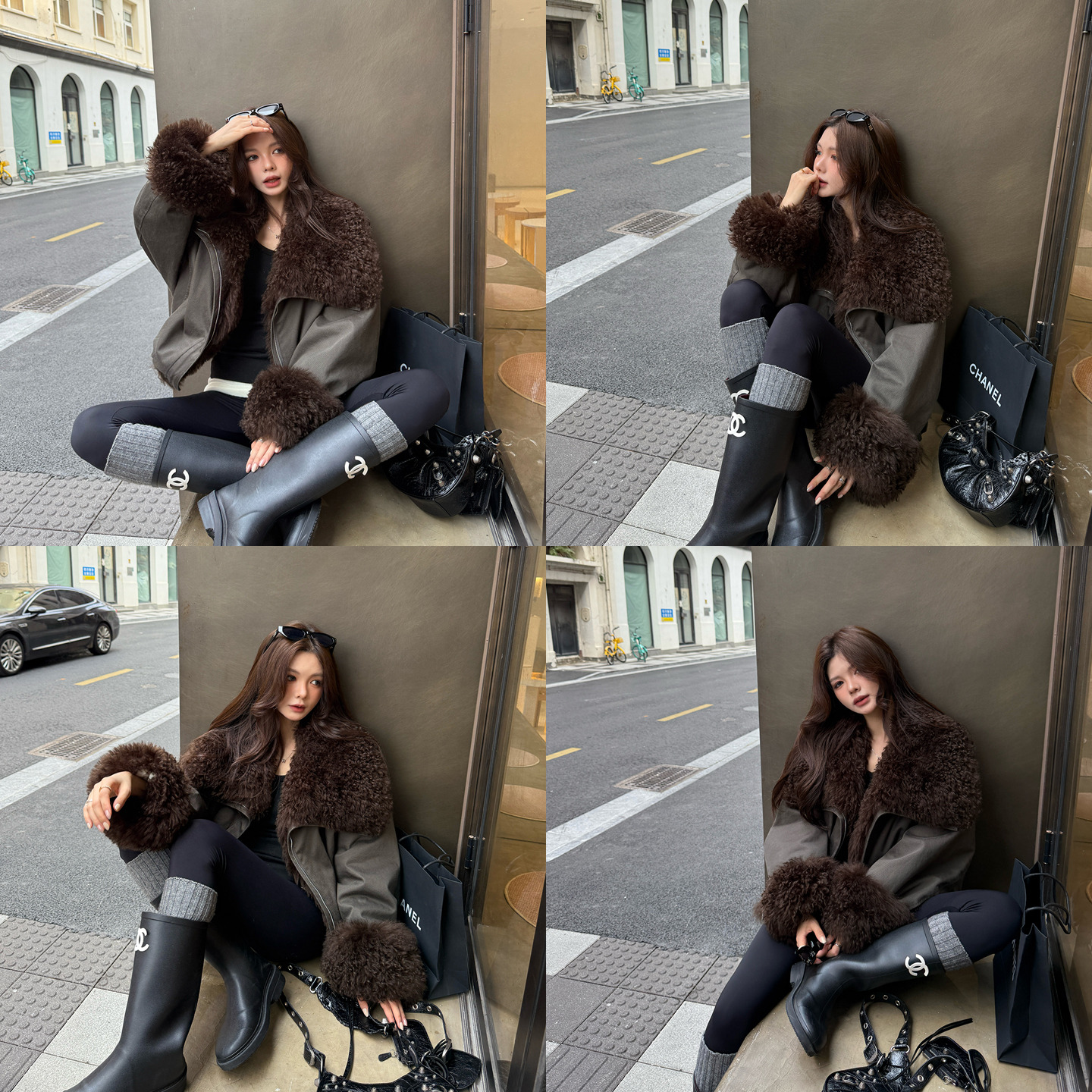 「纽约时报」美式复古派克服女短款羊皮毛一体毛领皮草外套