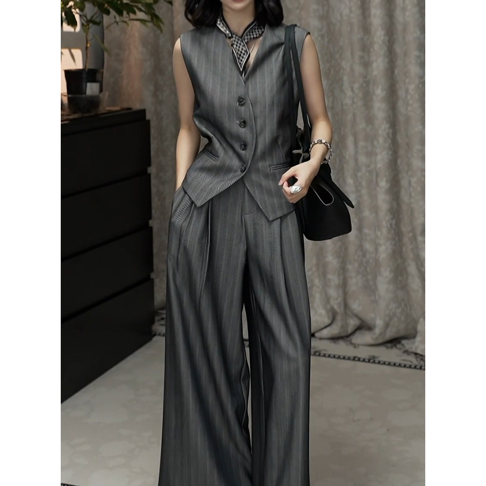 夏季新款时髦高级感轻奢长裤套装洋气无袖百搭无袖衬衫阔腿裤薄款