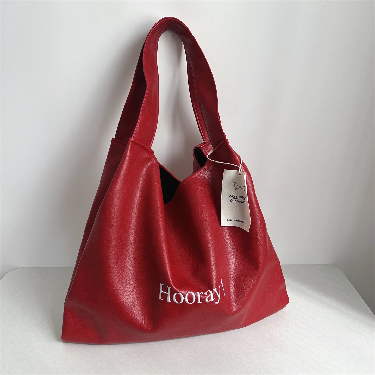 OK原创设计大容量皮革单肩包高级肌理质感通勤刺绣女生托特腋下包