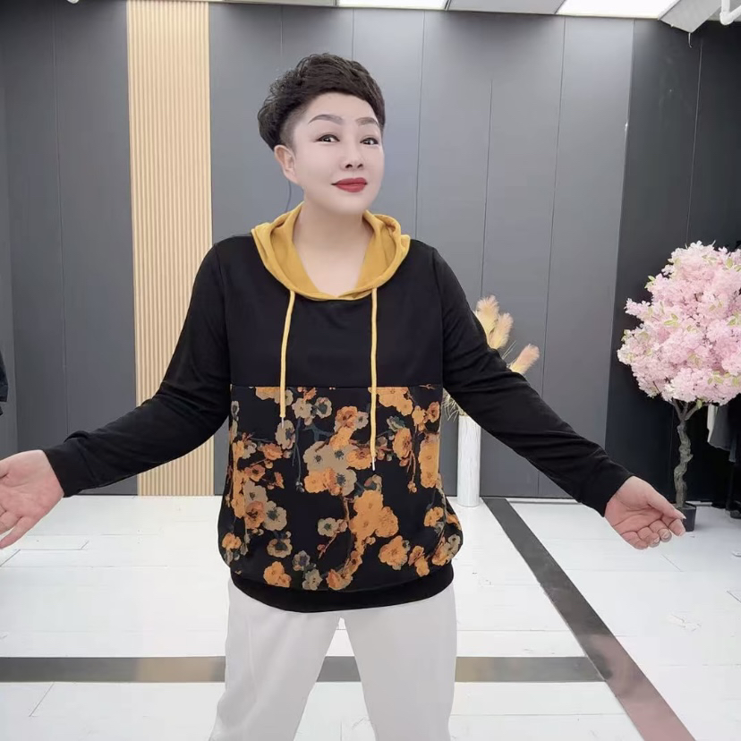 1028春季休闲大码拼色卫衣印花连帽款宽松长袖上衣