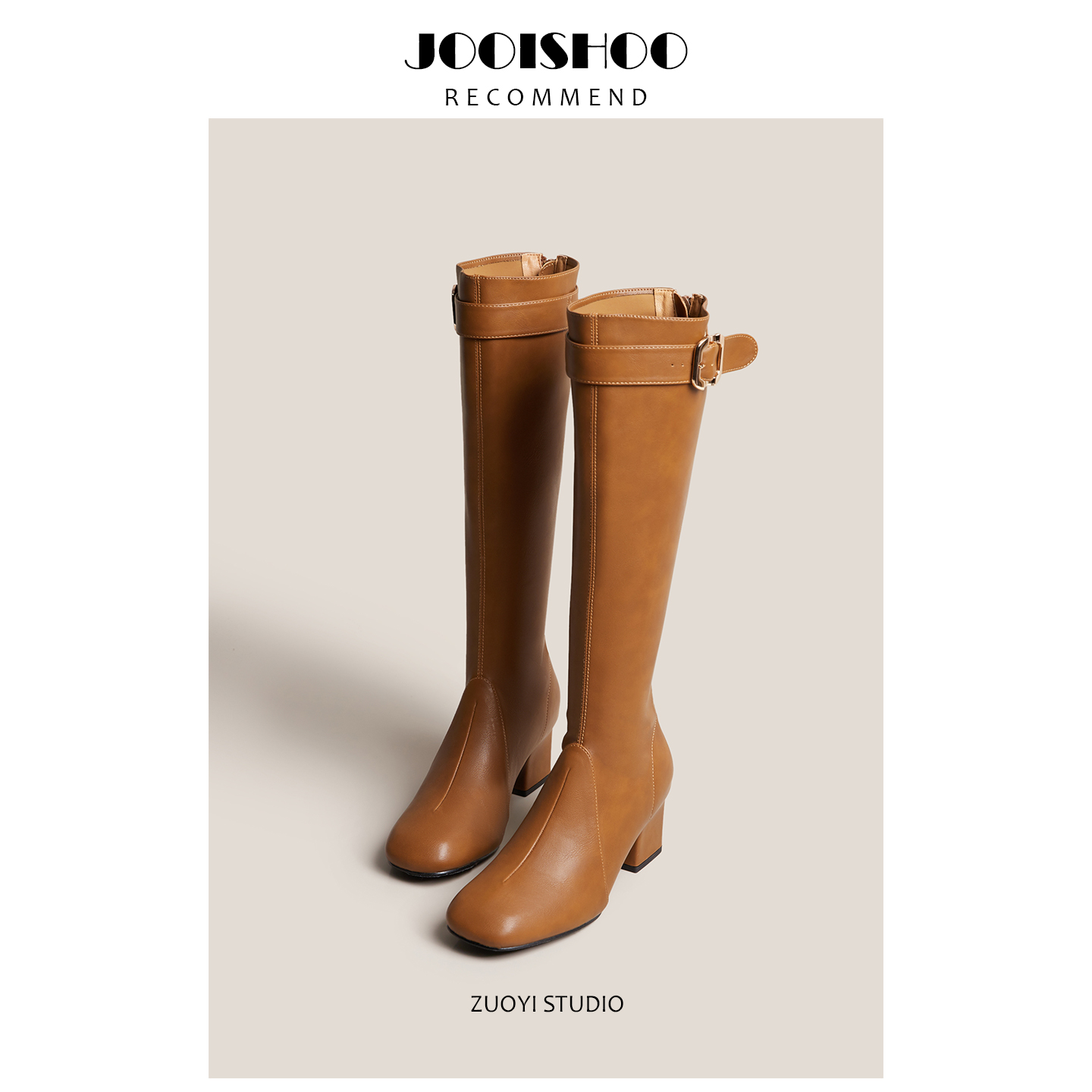 ｛祖儿美定制｝复古棕色长筒靴女秋冬季中跟不过膝靴时尚百搭皮靴