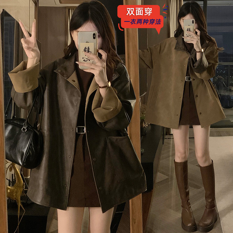 咖色单排扣正反两面穿皮衣外套女2025早秋新款宽松显瘦减龄大衣潮
