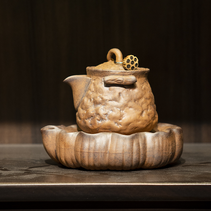 素烧老岩泥挂坠手抓壶家用加莲蓬蓄水壶承粗陶茶具小套组陶瓷干泡
