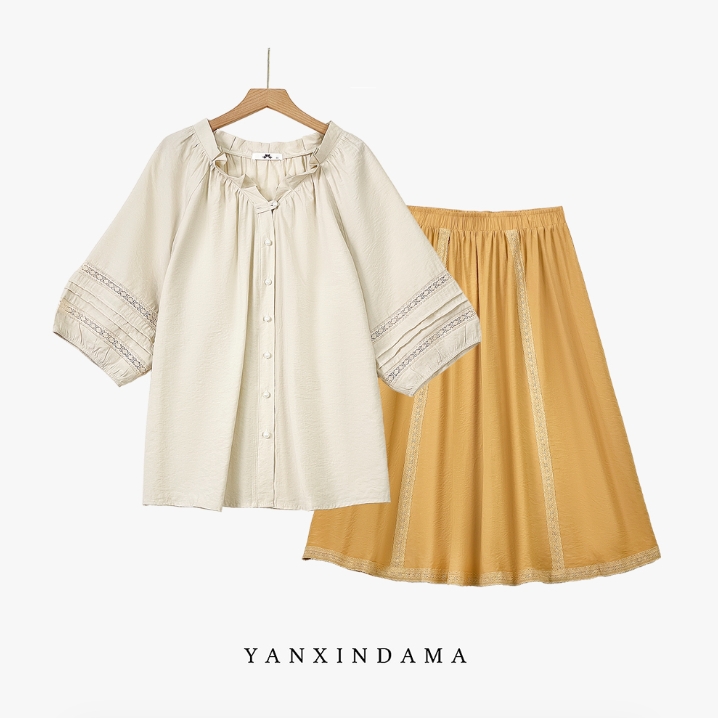 【岩心】大码女装300斤胖MM时尚休闲出游盐系减龄上衣半身裙套装109