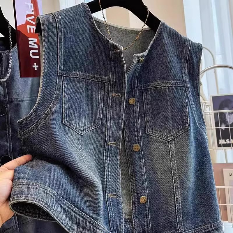 复古洋气百搭叠穿牛仔马甲女春夏新款宽松百搭小个子无袖外套休闲
