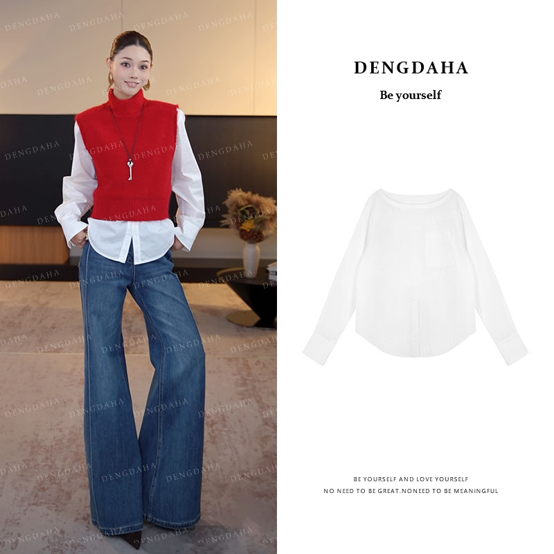 DENGDAHA「时髦结构」一字领纯棉衬衫复古质感长袖宽松衬衣 A9110