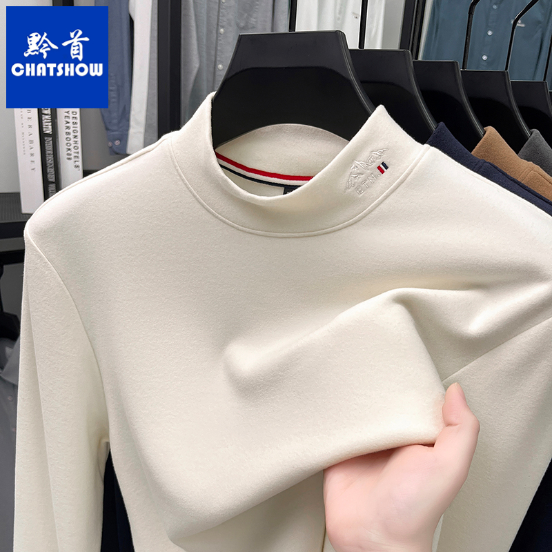 高档双面澳绒刺绣男士半高领长袖卫衣秋冬舒适保暖休闲百搭套头衫