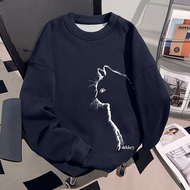 Dekkry潮流设计小猫印花秋冬流行藏青色圆领卫衣男女百搭加绒上衣