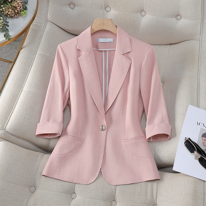 粉色七分袖小西装外套女夏季薄款2025新款小个子气质中袖休闲西服