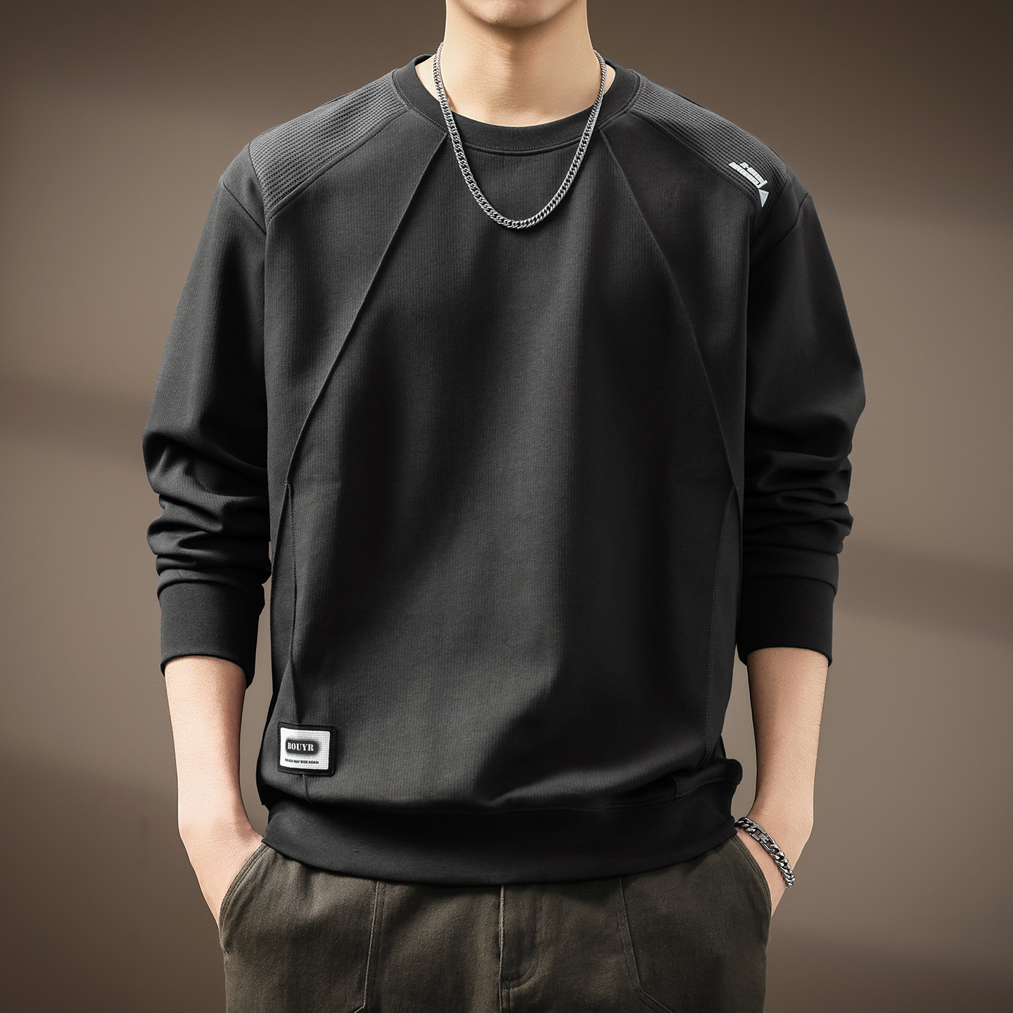 高端美式重磅结构拼接长袖卫衣男士秋季新款潮牌宽松圆领休闲外套