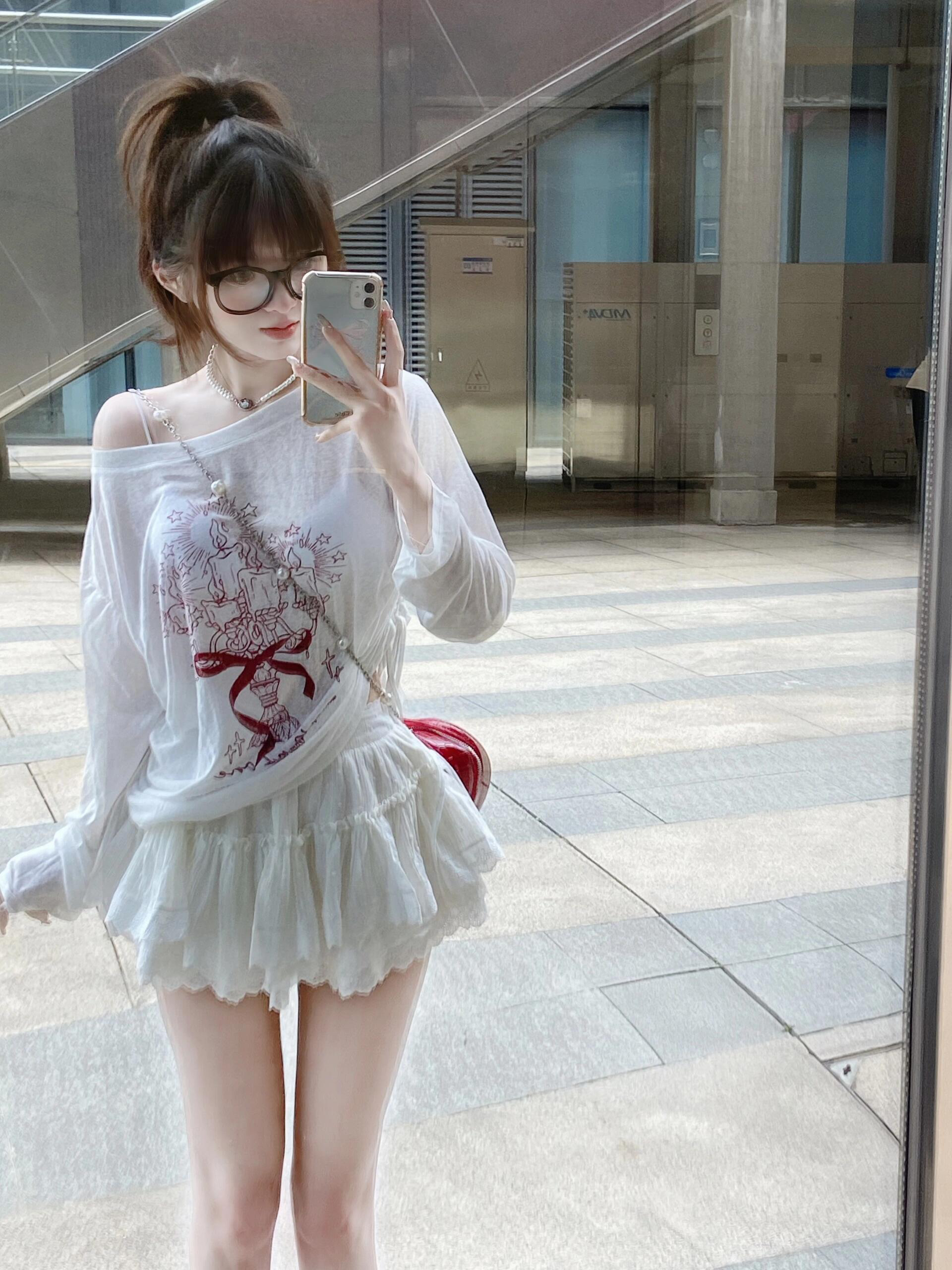 H2AN1 STUDIO 新品涂鸦斜肩T恤防晒罩衫甜美蛋糕裙宽松上衣套装夏