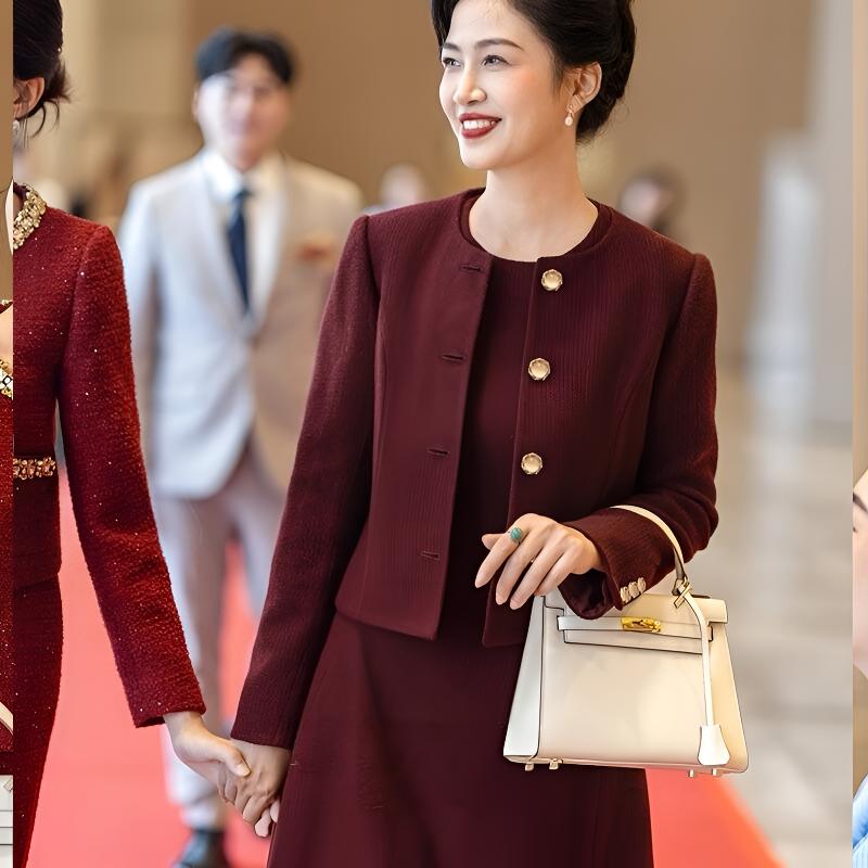 2025新款小香风秋冬套装女高级感减龄婆婆红色婚宴礼服妈妈两件套