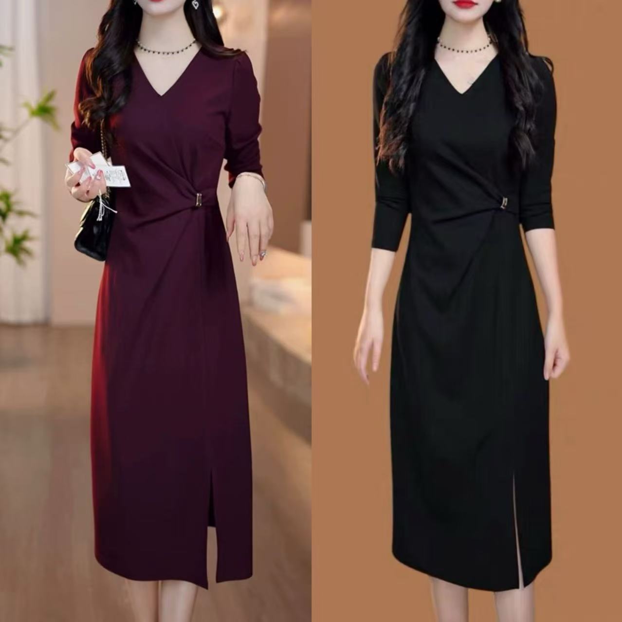 【衣雅严选】8091-2305#新款气质显瘦细闪罗马锦棉V领侧开杈连衣裙