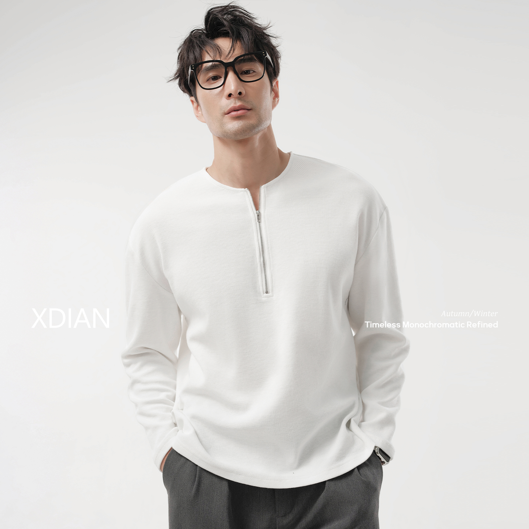 XDIAN/续点亨利领半拉链长袖t恤男士华夫格2025新款美式春秋季