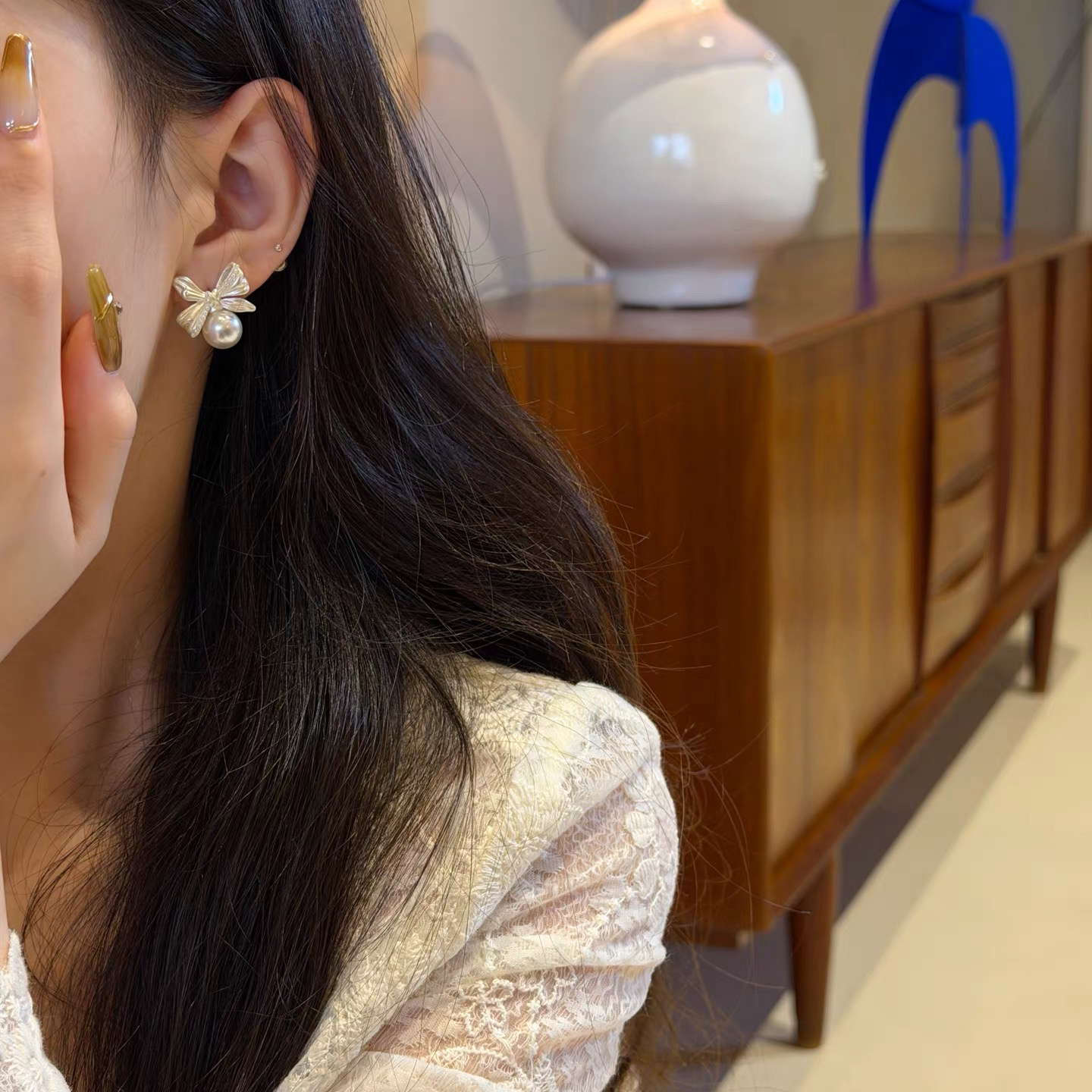 合金耳饰 十里间【奶油蝴蝶结】甜美少女法式浪漫珍珠耳环百搭耳钉