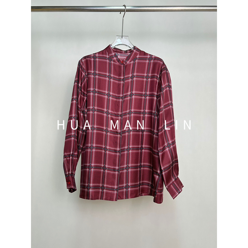 【花满林】小立领红格子斜纹绸真丝桑蚕丝长袖上衣259968