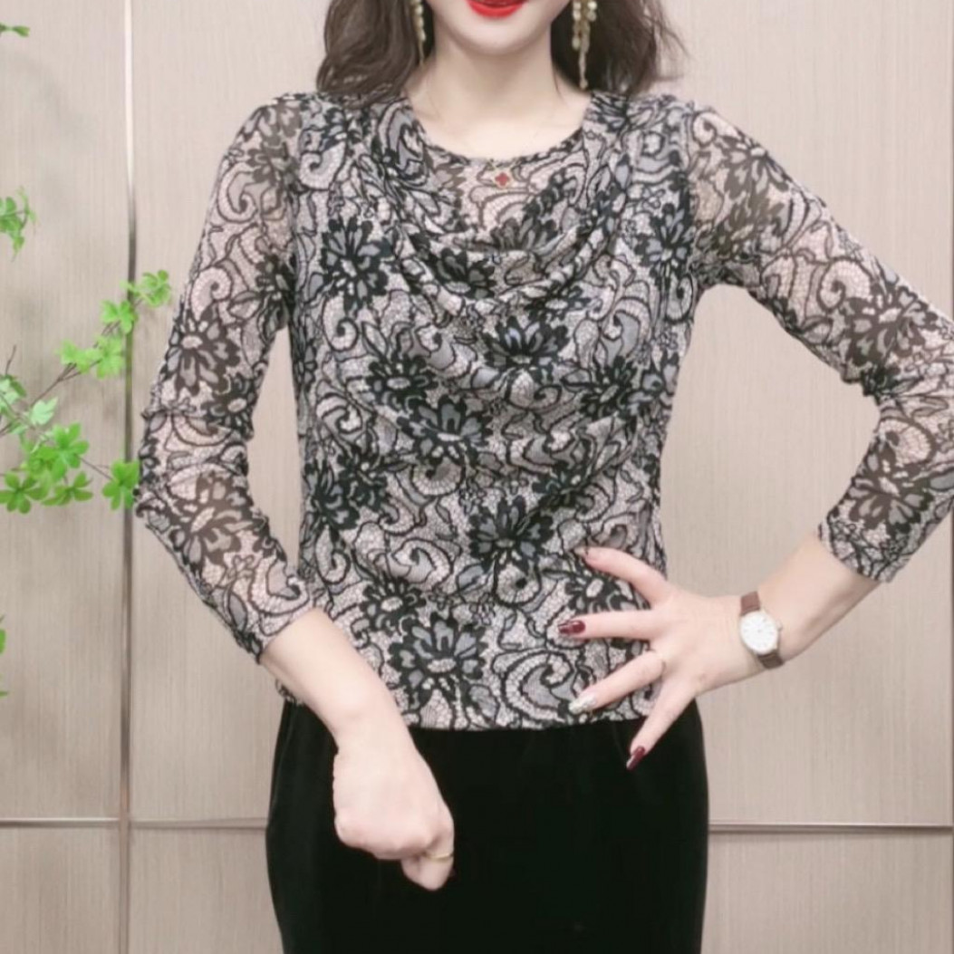 时髦高品质春夏中袖堆堆领弹性网纱时尚百搭气质减龄显瘦上衣女