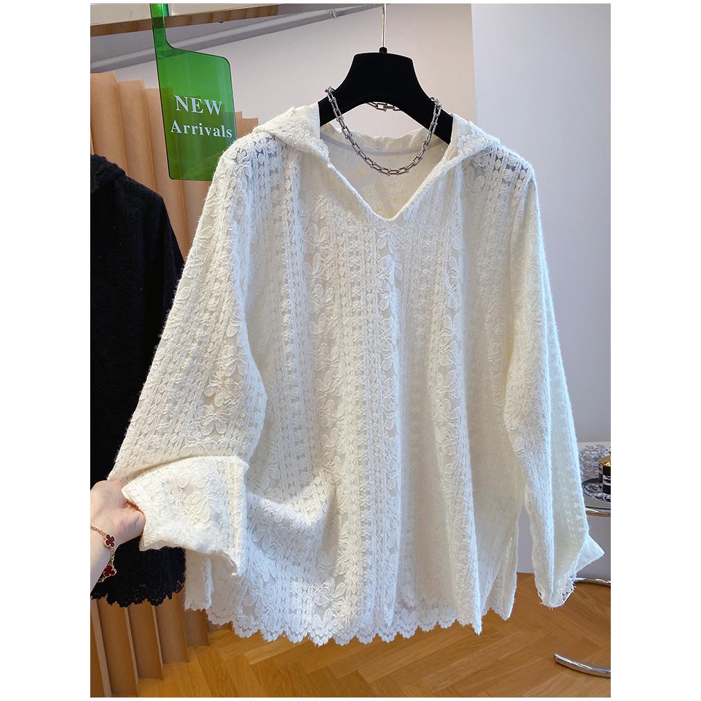 甄选#斤磨毛提花镂空蕾丝衫女叠穿百搭连帽打底上