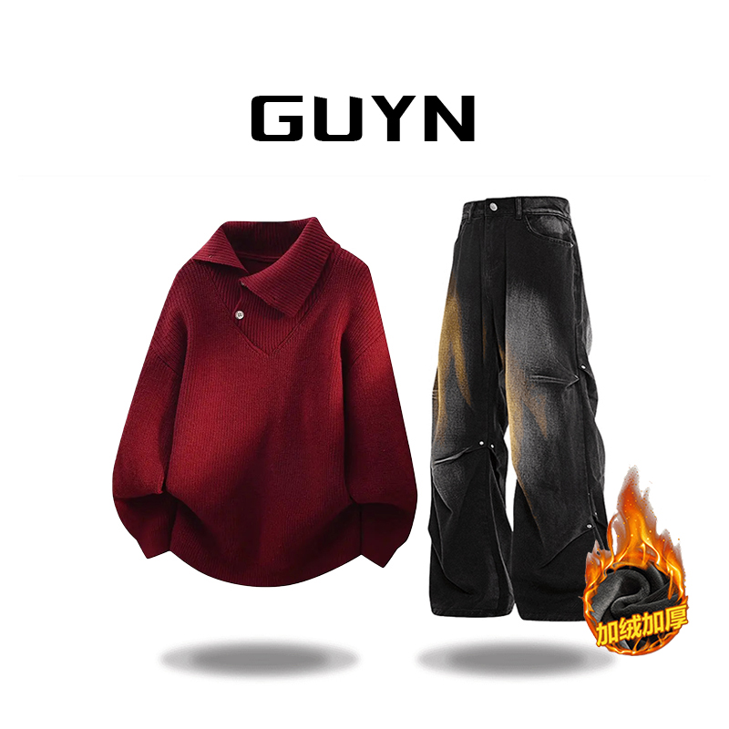 【品牌正品现货】GUYN红色翻领毛衣秋冬新款个性不规则翻领针织衫男
