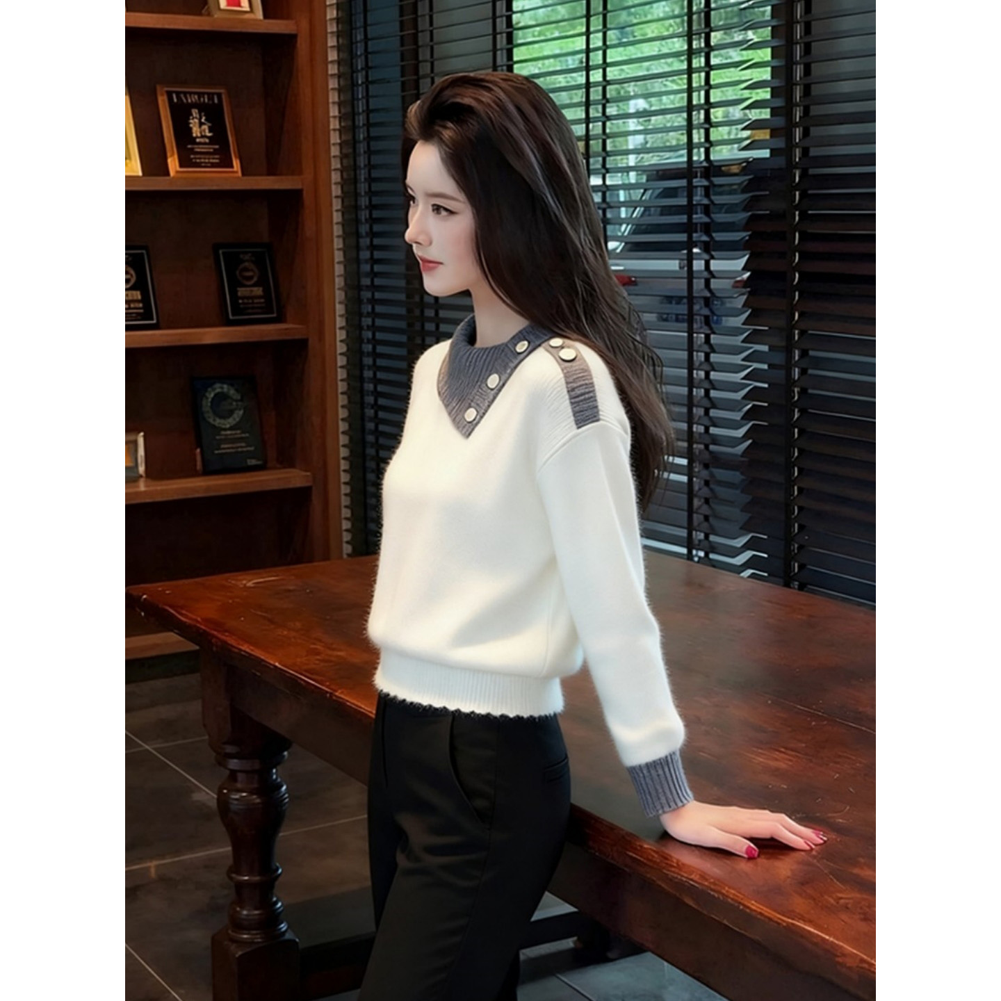 2025冬季新款老钱风拼色翻领针织衫毛衣高级感休闲气质长袖上衣潮