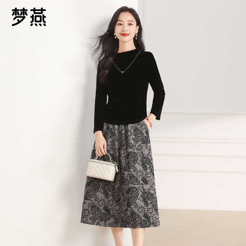 梦燕春秋女极简风气质显瘦上衣中长款半裙时尚两件套装AB03B5013
