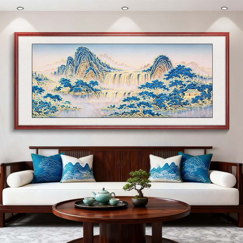 浮雕描金青山叠翠图山水画新中式客厅装饰画沙发背景墙挂画