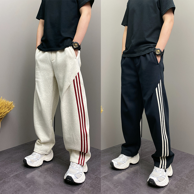 美式条纹运动卫裤男加绒新款高街宽松垂感直筒阔腿百搭休闲长裤子