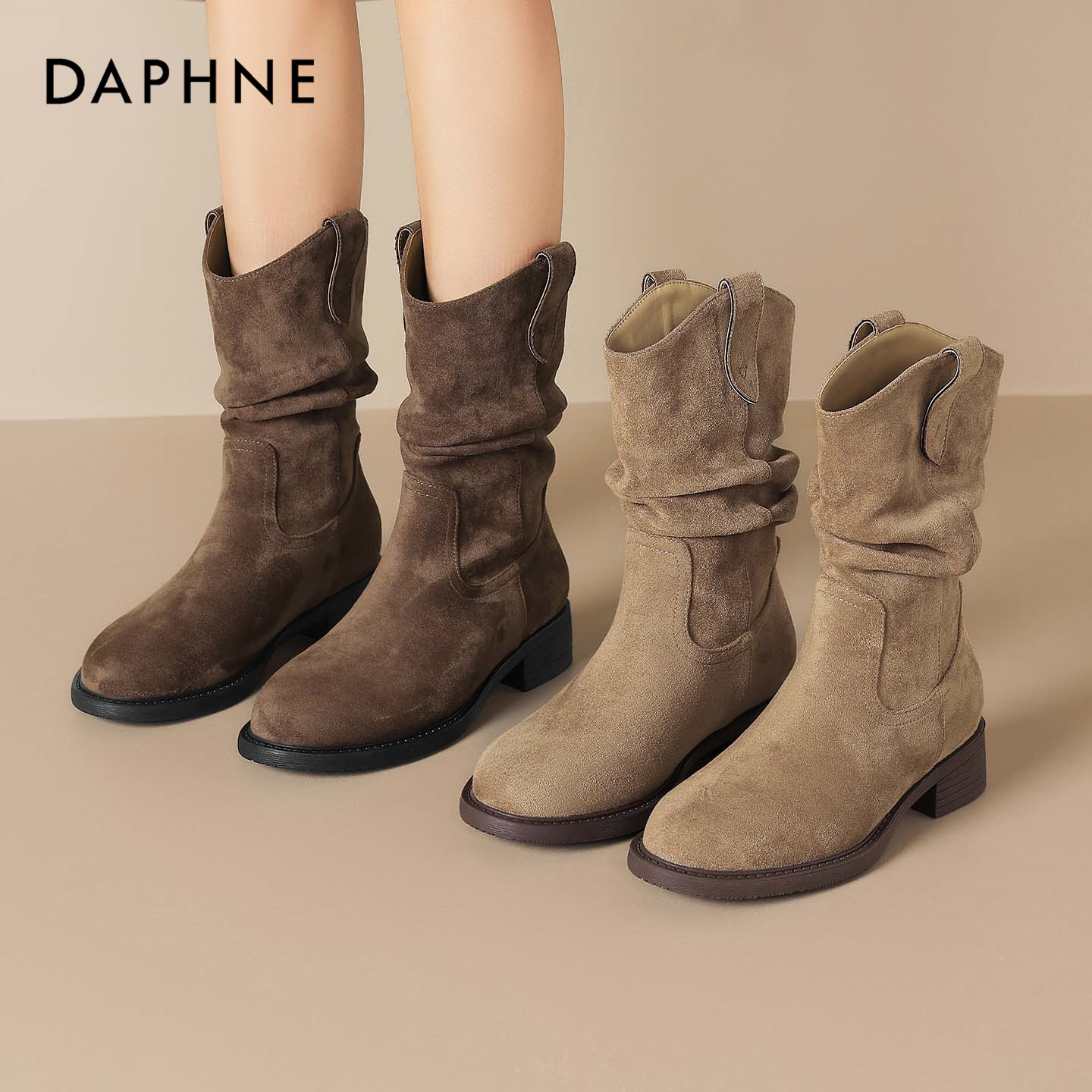 达芙妮靴子女2025秋冬新款厚底增高短靴西部马丁靴中筒骑士堆堆靴