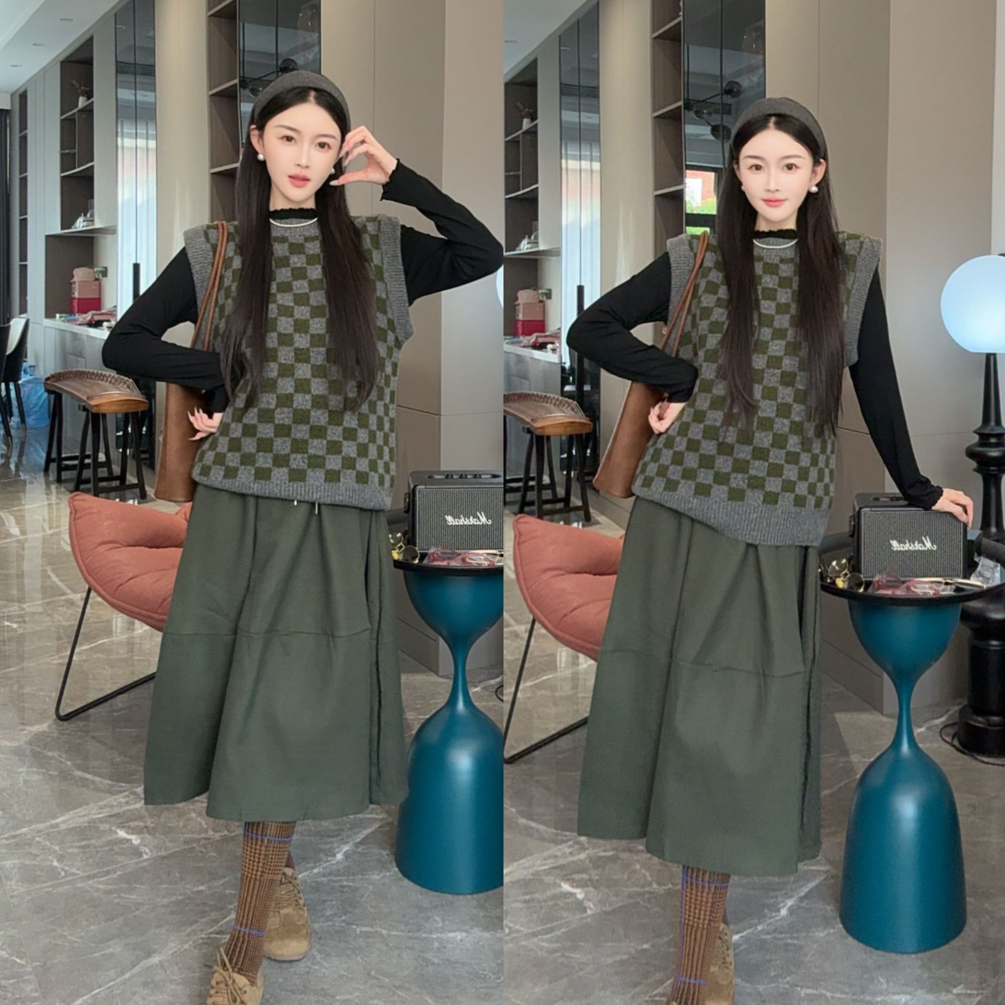 2025时尚秋冬加厚棋盘格马甲韩版遮肉半身裙孕妇显白三件套裙子女