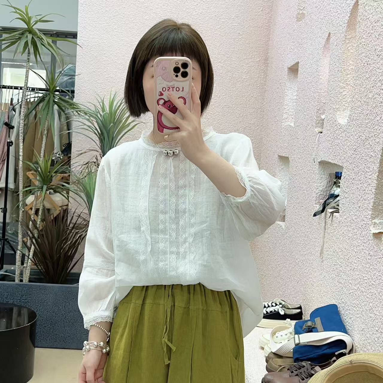 太美啦 5329蕾丝边苎麻圆领小衫 衣长61