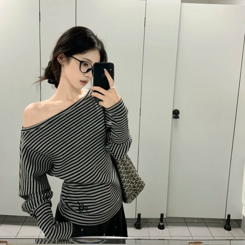 2025秋季新款甜酷辣妹套装条纹长袖一字肩打底衫上衣百搭阔腿裤女