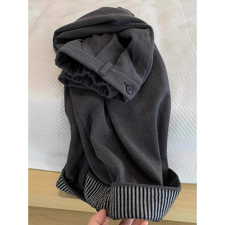 雪千羽韩系小众日系设计感裤脚翻边深灰色磨毛加厚阔腿裤女秋冬款