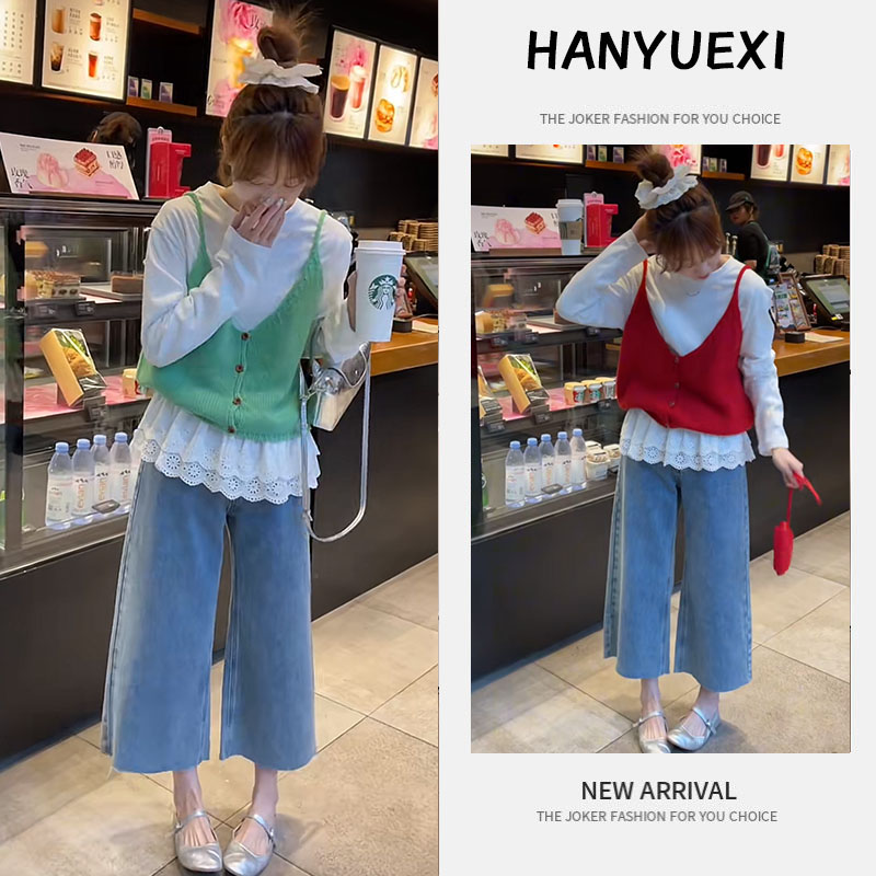 早春一整套女装2025新款设计感蕾丝拼接打底衫吊带牛仔裤三件套潮