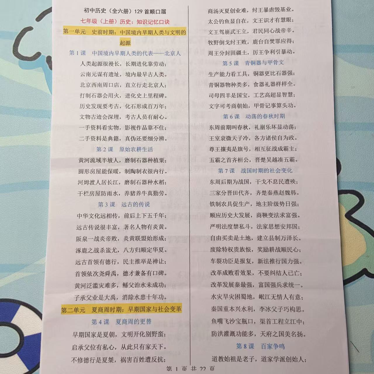 2025年秋季新版初中历史：129个顺口溜知识归纳七年级上-九年级下