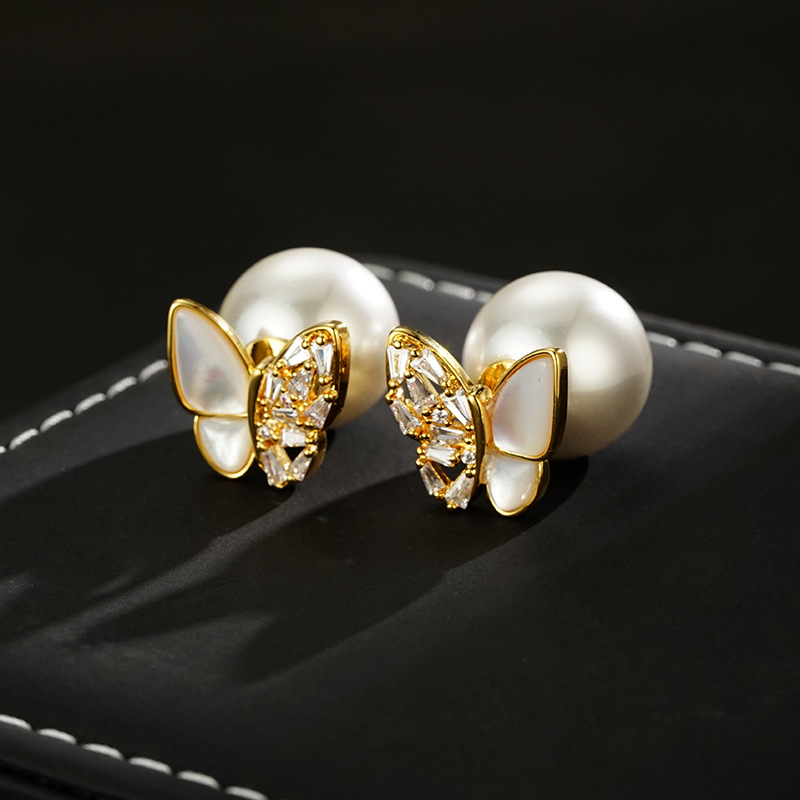 网红2024新款蝴蝶珠珠锆石两用耳钉轻奢高级感耳饰独特气质耳环女