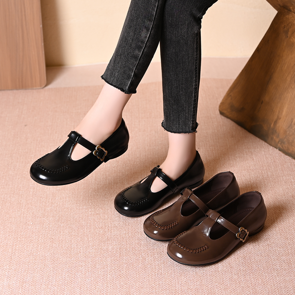 2025秋季一字扣带T型玛丽珍粗跟圆头英伦风单鞋法式复古女士皮鞋