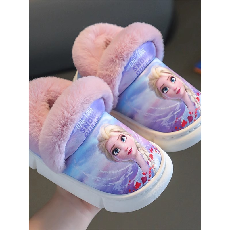 迪斯尼公主艾尔莎儿童的棉拖鞋冬季女孩Pu皮革防水室内温暖天鹅绒