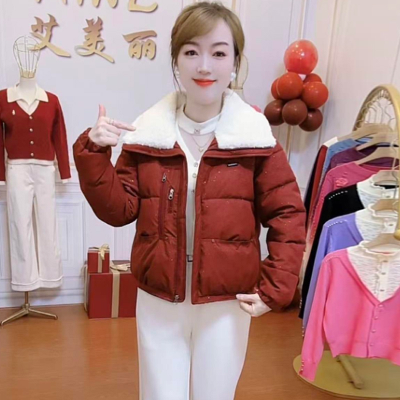 时尚短款棉服女2025冬季新款洋气棉衣羊羔毛翻领保暖棉袄外套