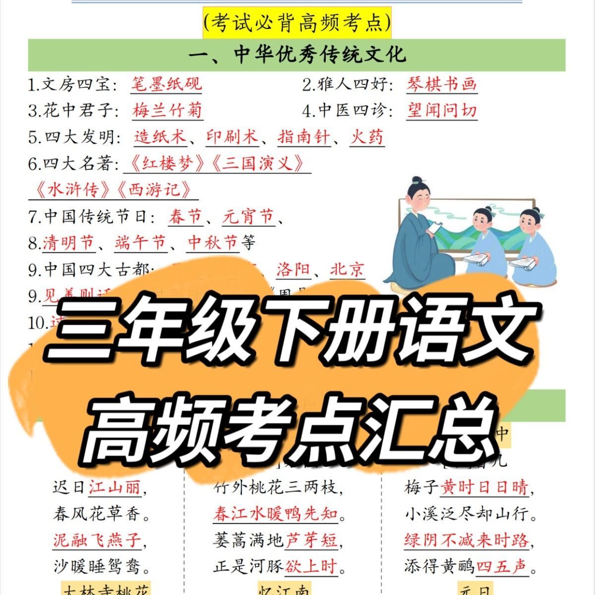 三年级下册语文全册重要考点归纳知识点总结课本同步高频考点必背