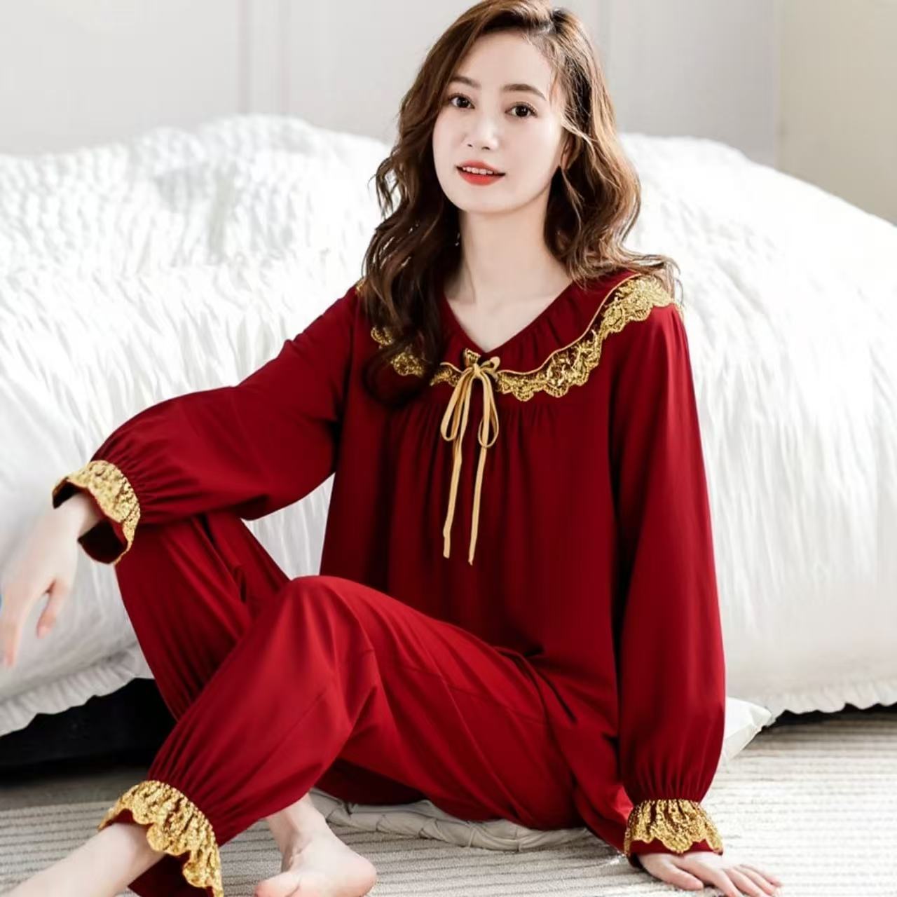 睡衣女士春秋新款高档奢华蕾丝花边长袖家居服本命年红色喜庆套装