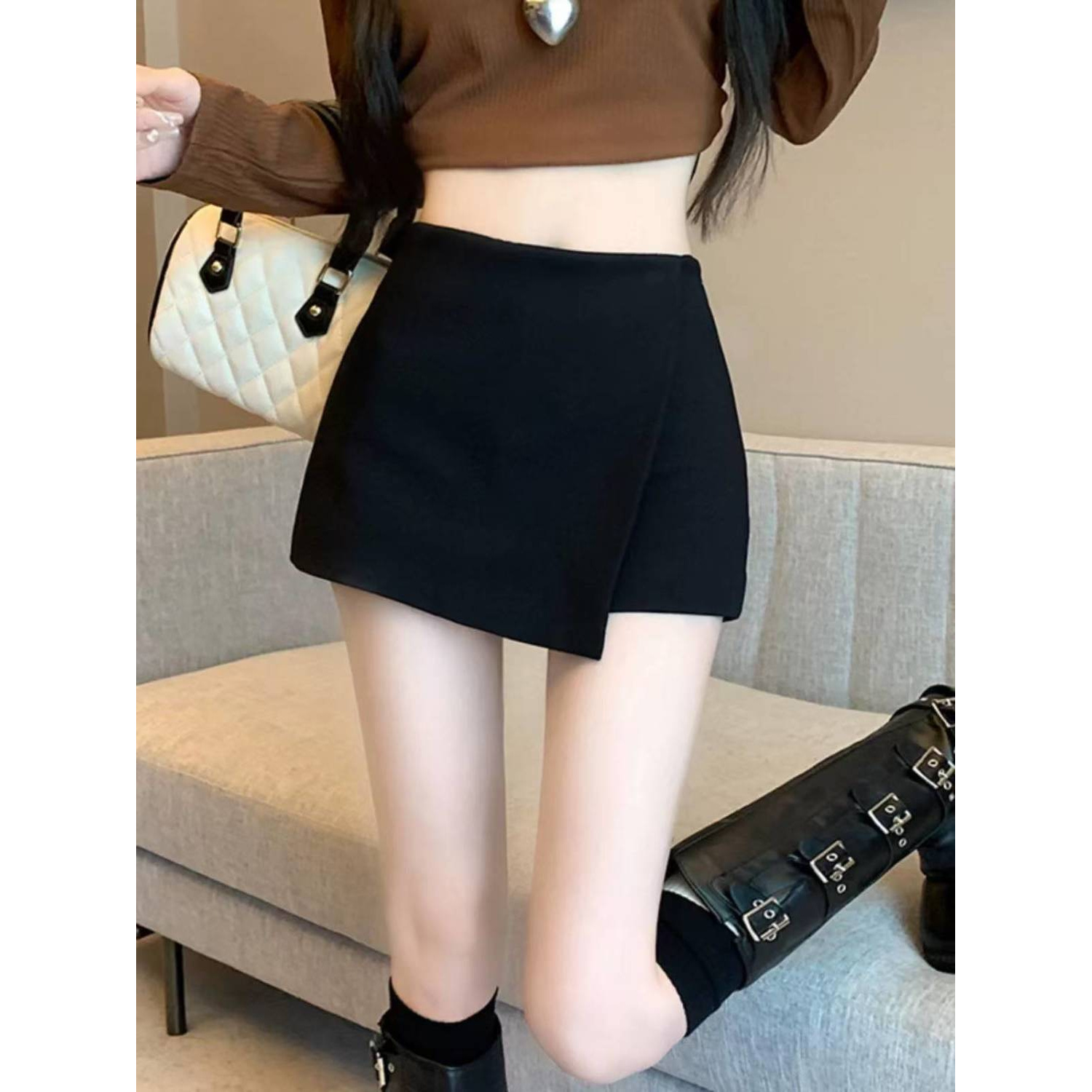 不规则黑色西装裙裤短裙裤裙女2025夏季小个子高腰包臀a字半身裙