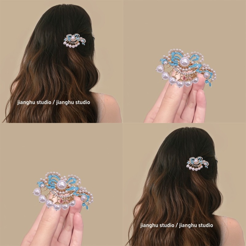 国风蓝色珍珠发夹高级感流苏高级侧边夹精致短发流海发卡前额秋冬