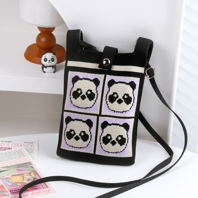 斜挎针织手机包熊猫迷你零钱小包出门便携可爱单肩包可调节肩带