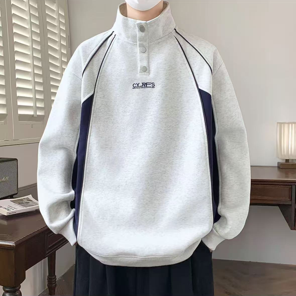 立领卫衣男青少年2025秋季新款美式阔版上衣男生拼色长袖打底衫