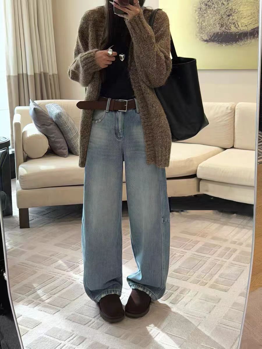 加绒带腰带牛仔裤