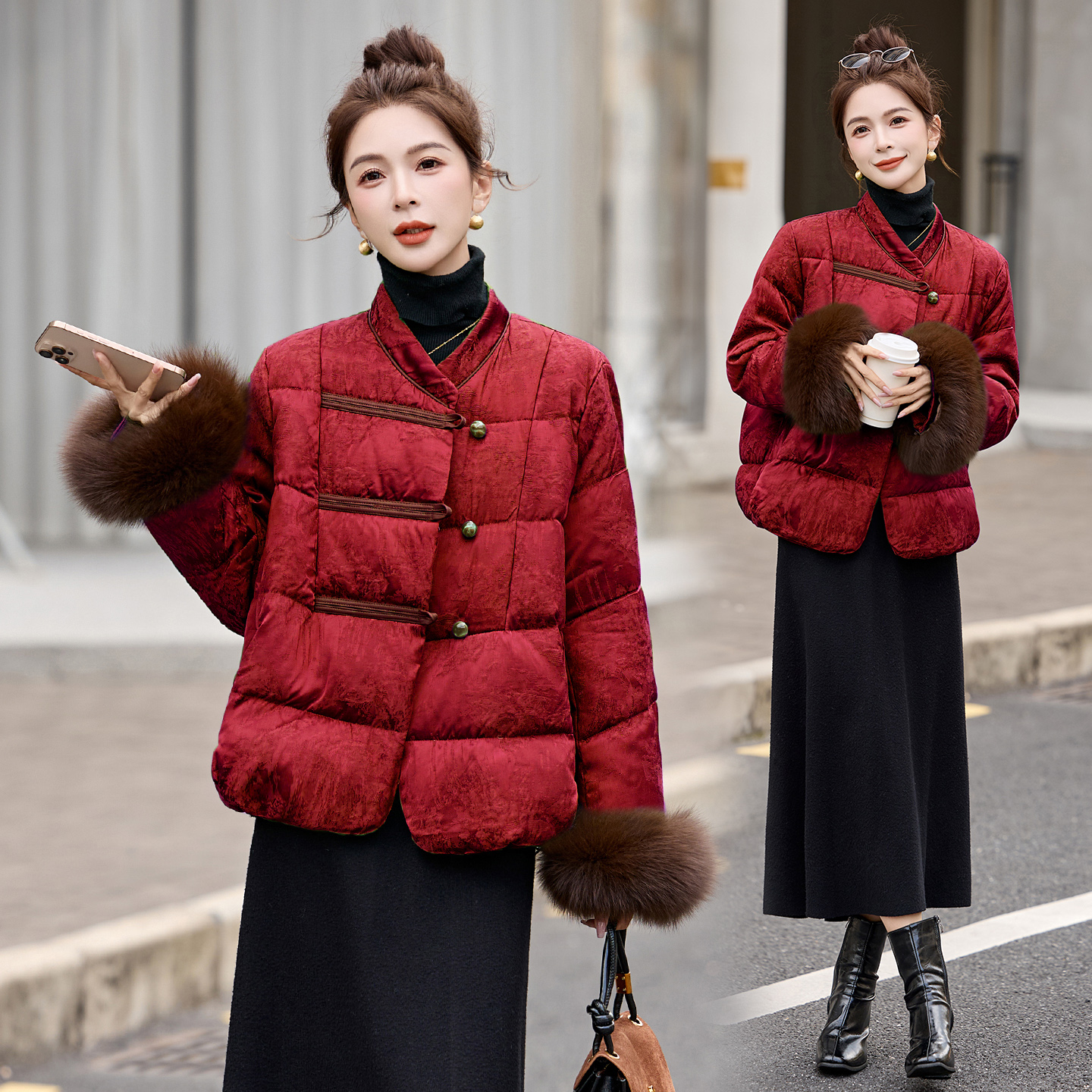 真狐狸毛袖口羽绒服女2025冬季新款新中式立领红色显瘦短款外套潮