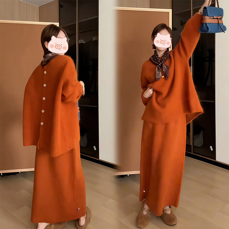 秋冬季新款韩版慵懒风套头宽松软糯毛衣高腰显瘦半身裙两件套女装
