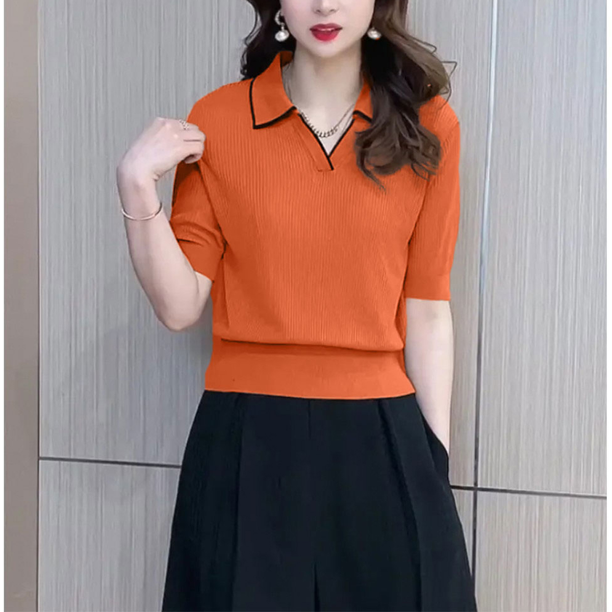 春夏季新款宽松中袖显瘦针织衫女时尚高级感薄款拼色polov领上衣
