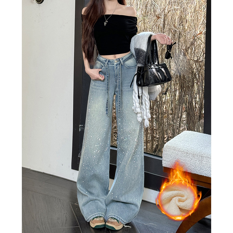 满天星烫钻加绒阔腿牛仔裤女2025冬季新款高腰显瘦小个子拖地裤