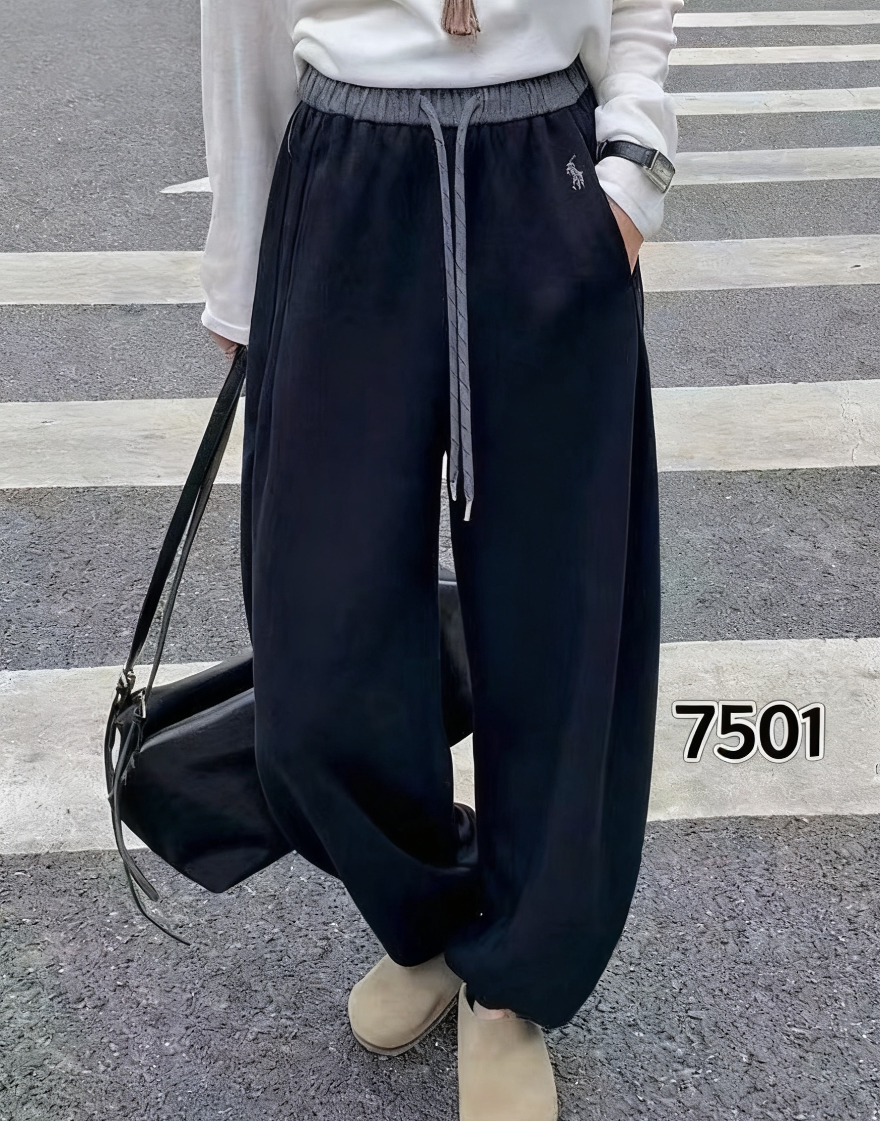 蝴蝶家加绒加厚韩系卫裤女2025秋冬宽松百搭直筒阔腿裤运动裤7501